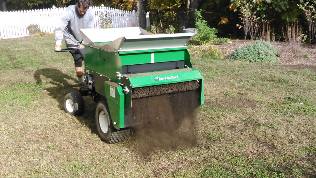 SoilKeepers Compost Topdresser Applying Compost to Cool Season Turf in Central Virginia